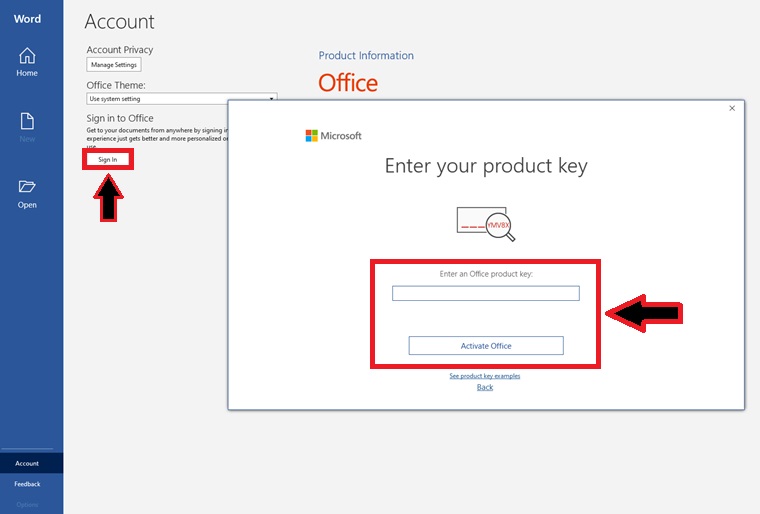 Entering Product code to register Office 2021 from MS Word