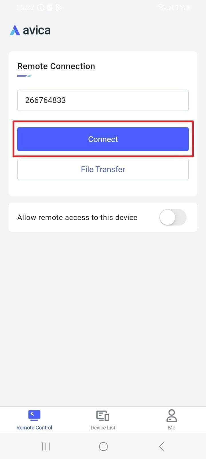 Step 3: Switch to Avica's home screen and begin adding Avica ID in the Remote Connection section text box before pressing the Connect button. 