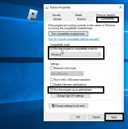Click on Roblox Compatibility Tab to fix the roblox error code 277