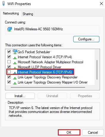 Disabling IPv6 from Active Network Properties Menu