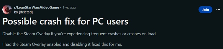 Reddit user fixed Lego Star Wars - The Skywalker Saga crashing on startup by disabling Steam Overlay.