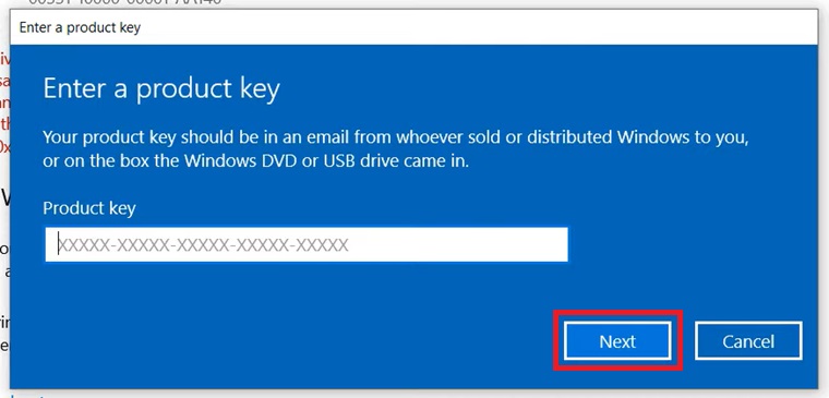 Entering Windows 10 activation key