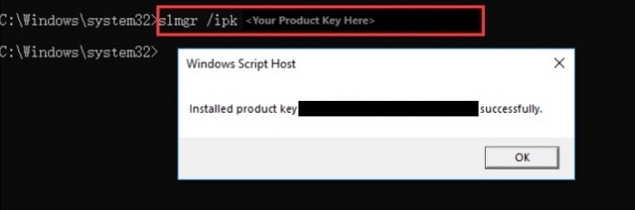 Entering new product key for Windows 10 via cmd