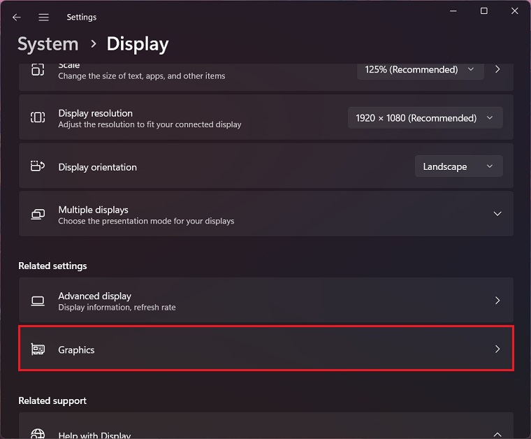 Graphics in Display settings.