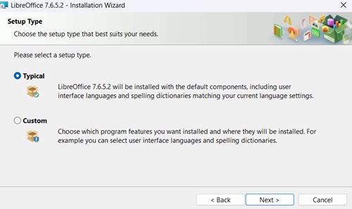 LibreOffice installation type selection step during setup