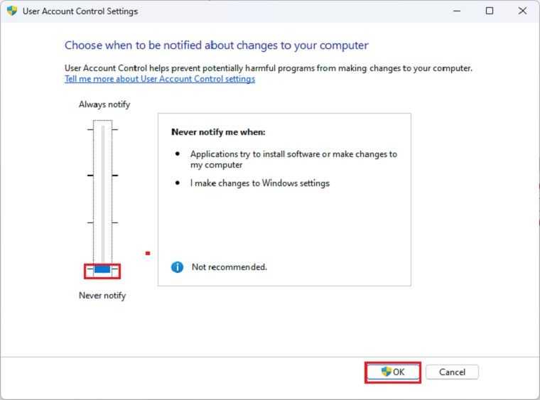 Lower the User Account Control (UAC) settings to fix the EA app not working issue