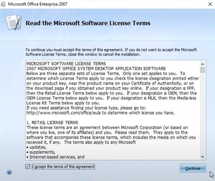 Microsoft Office 2007 Terms of agreement step during setup