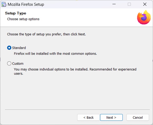 Mozilla Firefox offline installation type selection 