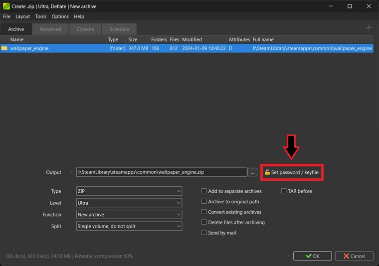 Setting a password to the archive with PeaZip