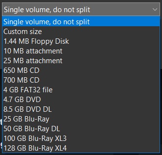 PeaZip splitting archive into multiple volumes option during creating an archive