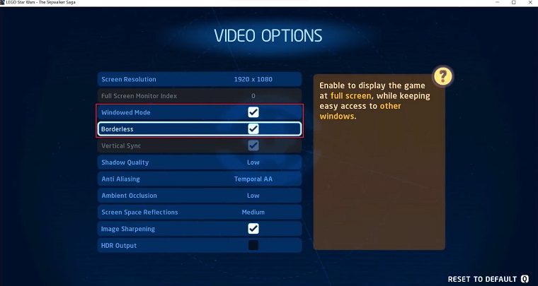 LEGO Star Wars: The Skywalker Saga in-game Video/Display options.