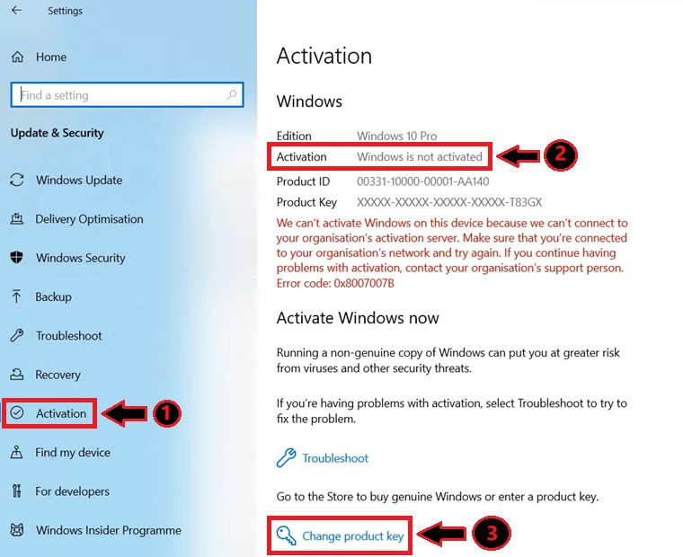 Windows 10 Activation Settings & Change product key option