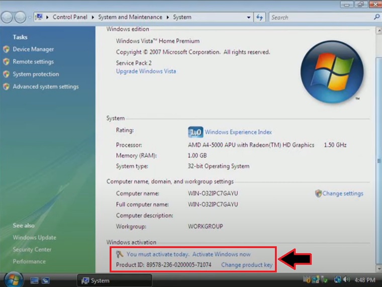 Changing product key inside Windows Vista Control Panel